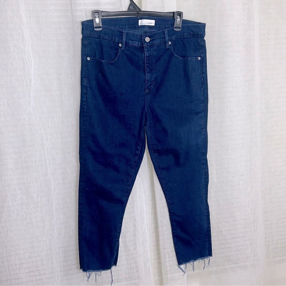 LOFT 14/32 Dark Blue Wash Legging Cut Off Raw Hem Stretch Jeans